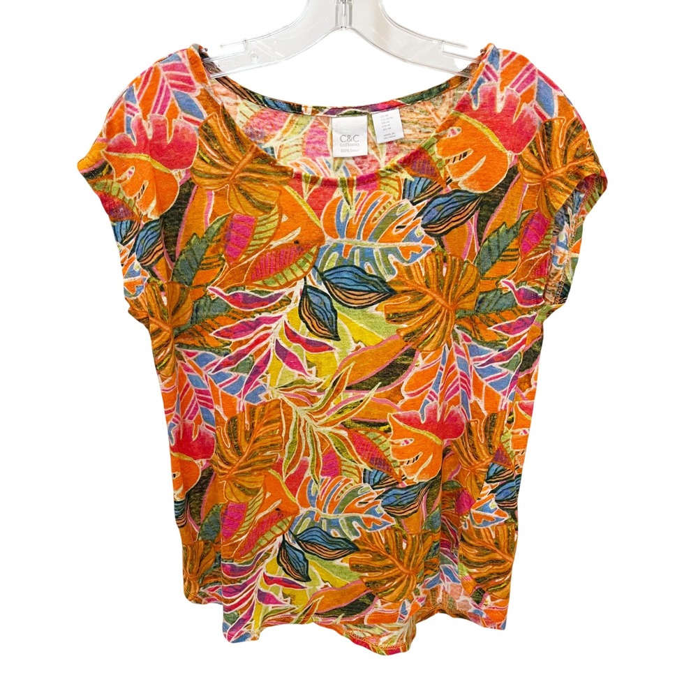 C&C California Orange Tropical Floral Linen Cap Sleeve Top Asymmetrical MEDIUM